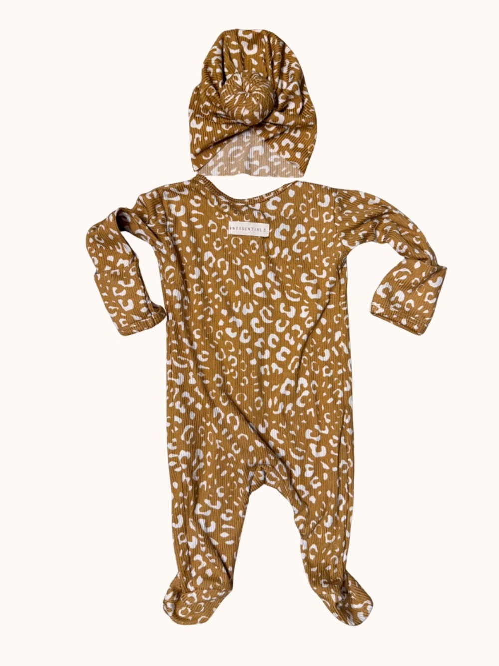 Essentials Kids Mustard Leopard Print Footed One-Piece with Knotted Hat